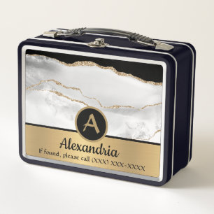 Gold Custom Monogram Black and White Luxury Chic  Metal Lunch Box