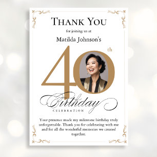 Gold Custom Photo 40th Birthday Thank You Card