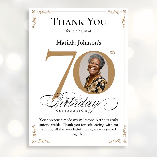 Gold Custom Photo 70th Birthday Thank You Card (Mockup View)