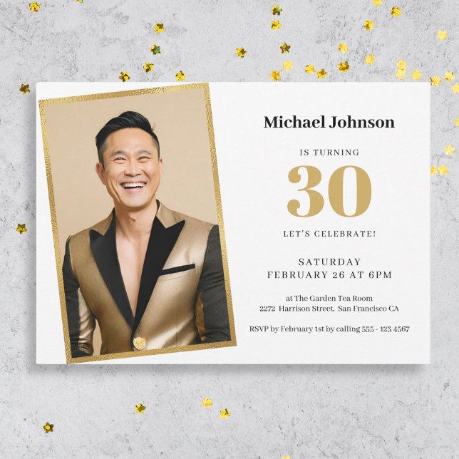 Gold Custom Photo Modern Simple 30th Birthday  Invitation (Mockup View)