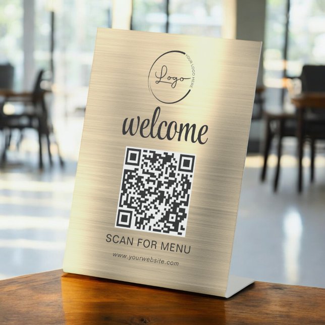 Gold Custom QR Code Menu Text Modern Business Pedestal Sign (Creator Uploaded)