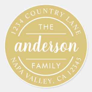 Gold Custom Script Family Name Return Address Classic Round Sticker