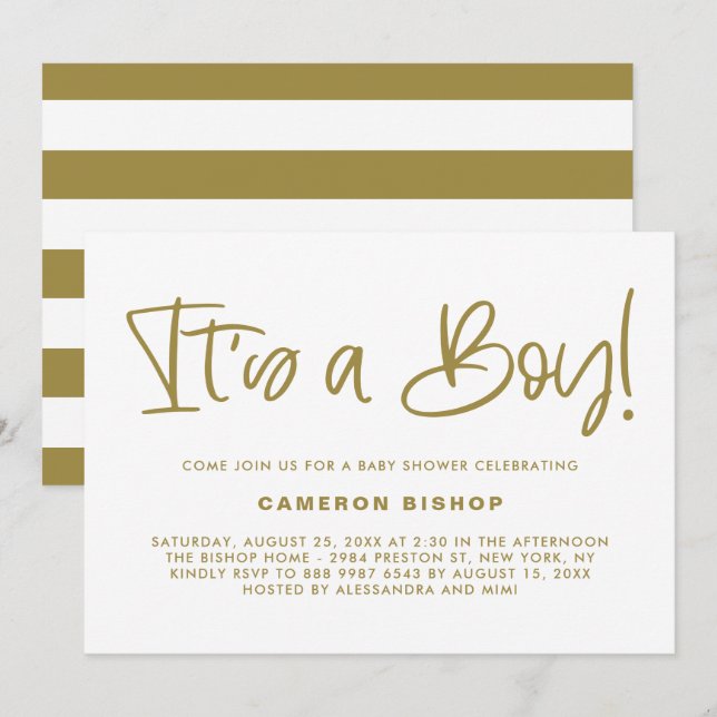 Gold Cute Calligraphy It's a Boy Baby Shower Invitation (Front/Back)