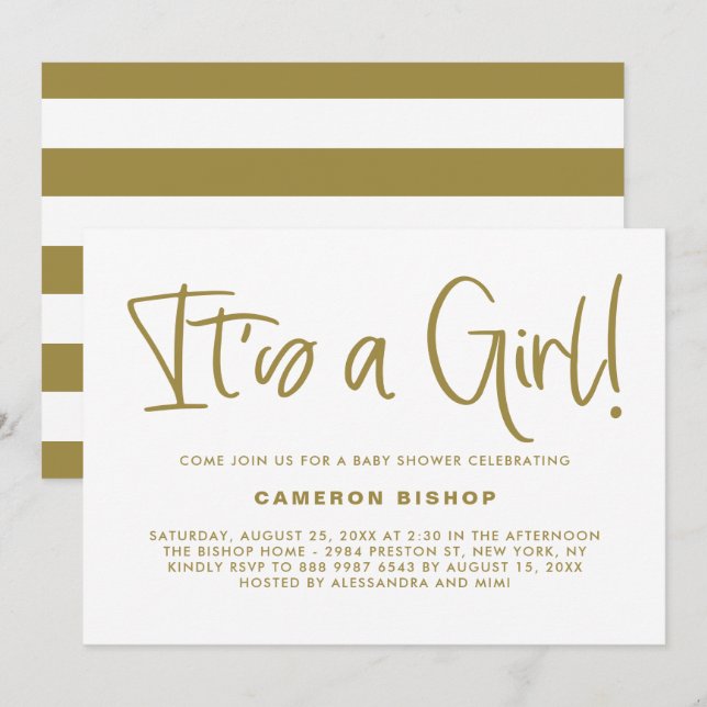 Gold Cute Calligraphy It's a Girl Baby Shower Invitation (Front/Back)