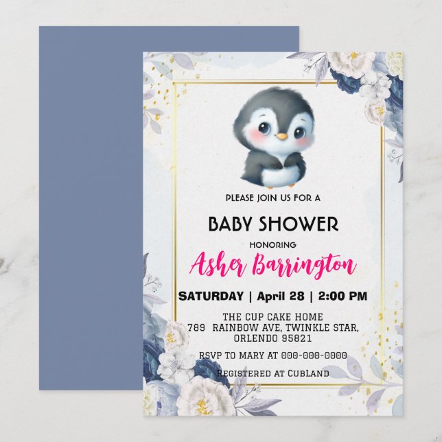 Gold Cute penguin Blue flower baby shower kids Invitation (Front/Back)