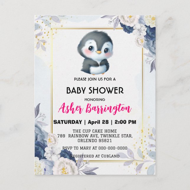 Gold Cute penguin Blue flower baby shower kids Postcard (Front)