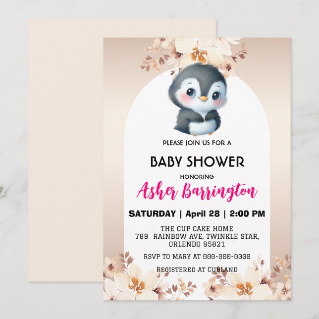 Gold Cute penguin cherry blossoms baby shower kids Invitation (Front/Back)