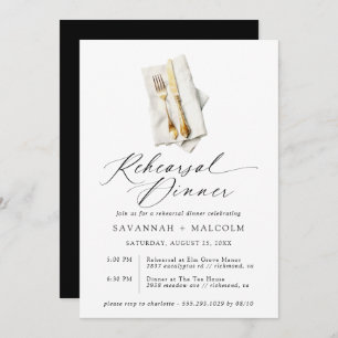 Gold Cutlery   Formal Script Rehearsal Dinner Invitation