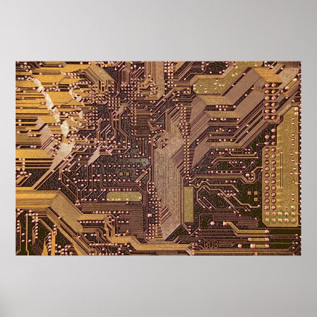 Gold Cyber Circuit Board Tech Art Electronics Poster (Front)