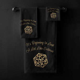 Gold D20 Critmas   Tabletop Role Player Dice Bath Towel Set