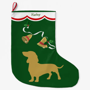 Gold Dachshund Holiday Bells Large Christmas Stocking