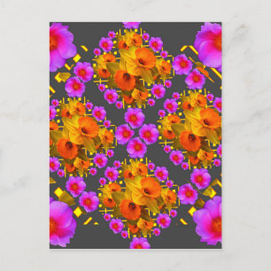 GOLD DAFFODILS FUCHSIA ROSES GREY POSTCARD