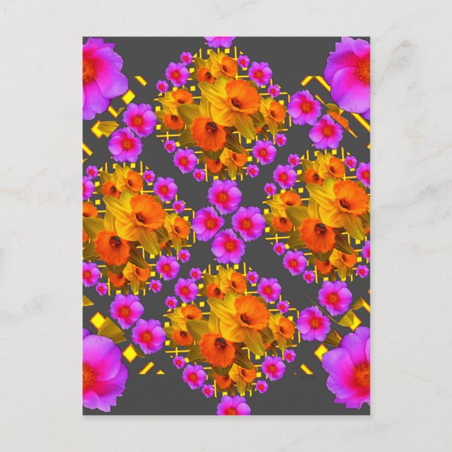 GOLD DAFFODILS FUCHSIA ROSES GREY POSTCARD (Front)