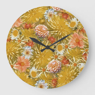 Gold dahlia flowers, vintage floral design. large clock