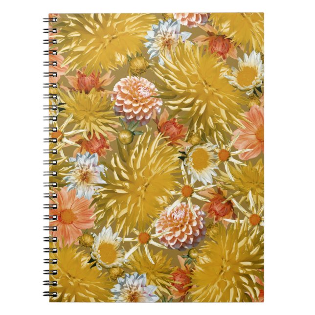Gold dahlia flowers, vintage floral design. notebook (Front)