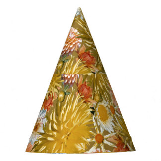 Gold dahlia flowers, vintage floral design. party hat