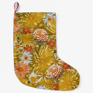 Gold dahlia flowers, vintage floral design. small christmas stocking
