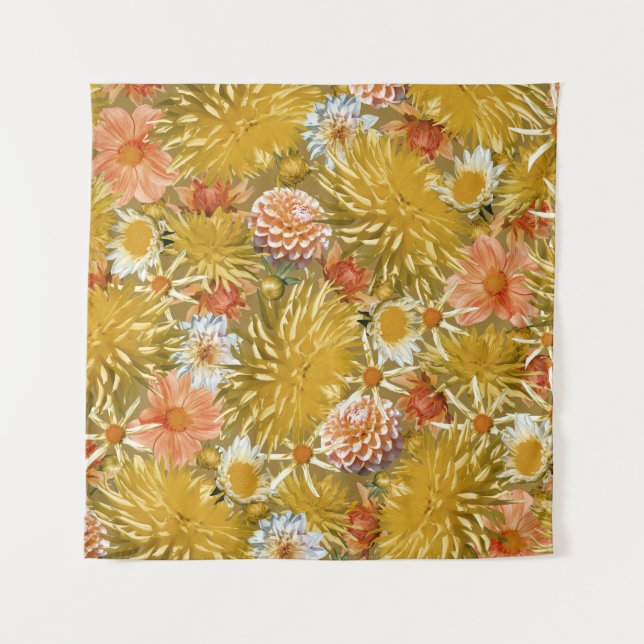 Gold dahlia flowers, vintage floral design. tapestry (Front)