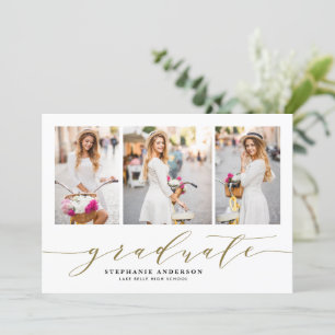 Gold Dainty Script Three Photo Graduation Announcement