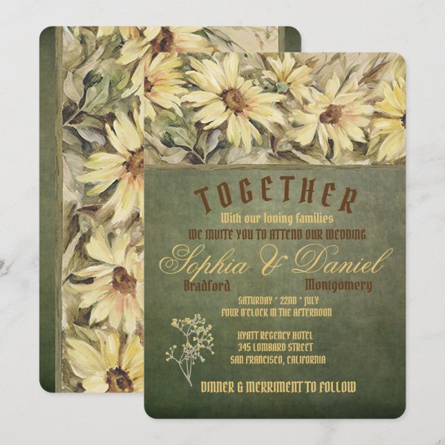 Gold Daisies On Sage Wedding Invitations (Front/Back)