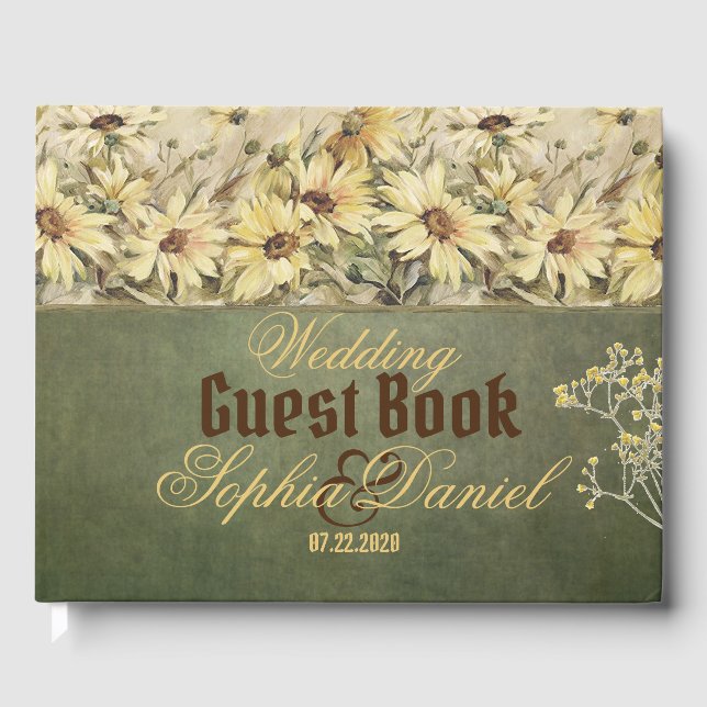 Gold Daisies With Sage Wedding Guest Book (Front)