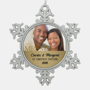 Gold Damask 1st Christmas Together Photo Snowflake Pewter Christmas Ornament
