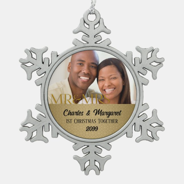 Gold Damask 1st Christmas Together Photo Snowflake Pewter Christmas Ornament (Front)