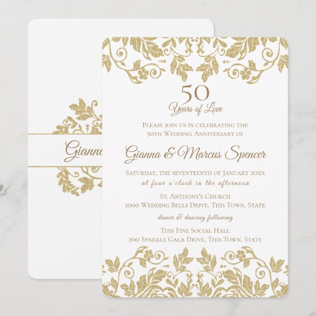Gold Damask 50th Anniversary Invitation (Front/Back)
