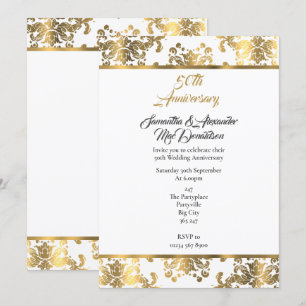 Gold damask 50th wedding anniversary invitation