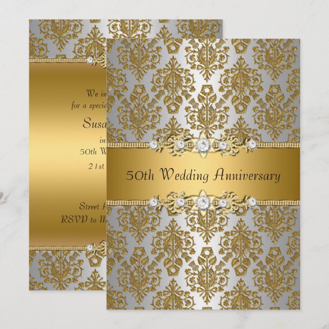 Gold Damask 50th Wedding Anniversary Invite (Front/Back)