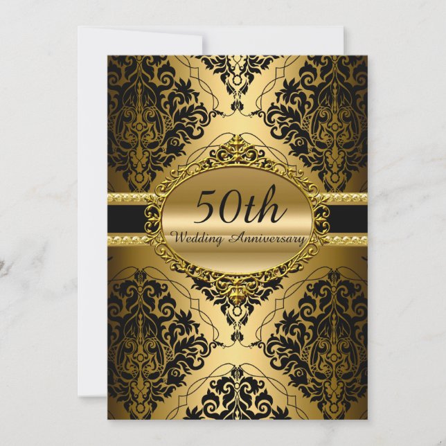 Gold Damask 50th Wedding Anniversary Invite (Front)