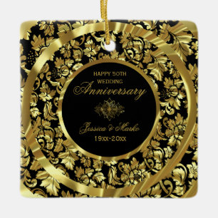Gold Damask And Black Background 50th Anniversary Ceramic Tree Decoration