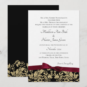 Gold Damask and Burgundy Bow Wedding Invitation