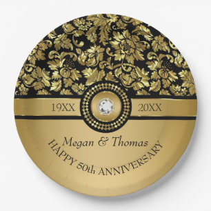 Gold Damask And Diamond- 50th Anniversary Dinner P Paper Plate