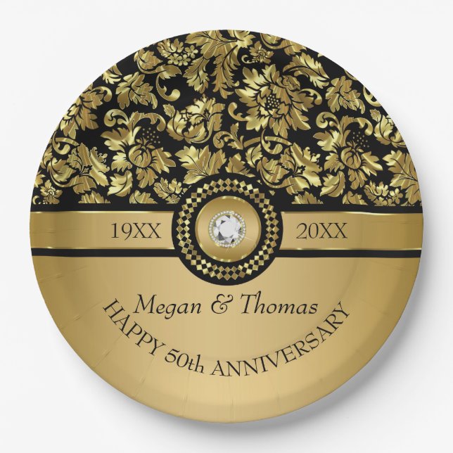 Gold Damask And Diamond- 50th Anniversary Dinner P Paper Plate (Front)