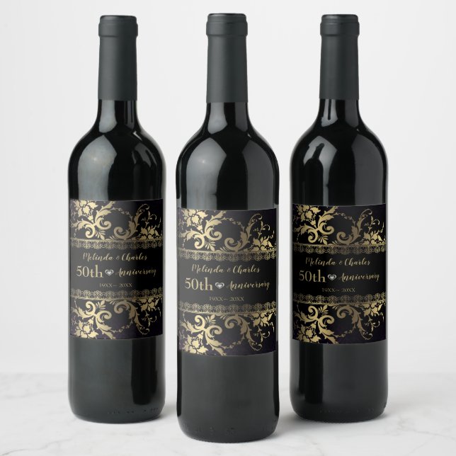 Gold Damask And Lace Wedding Anniversary Wine Label (Bottles)