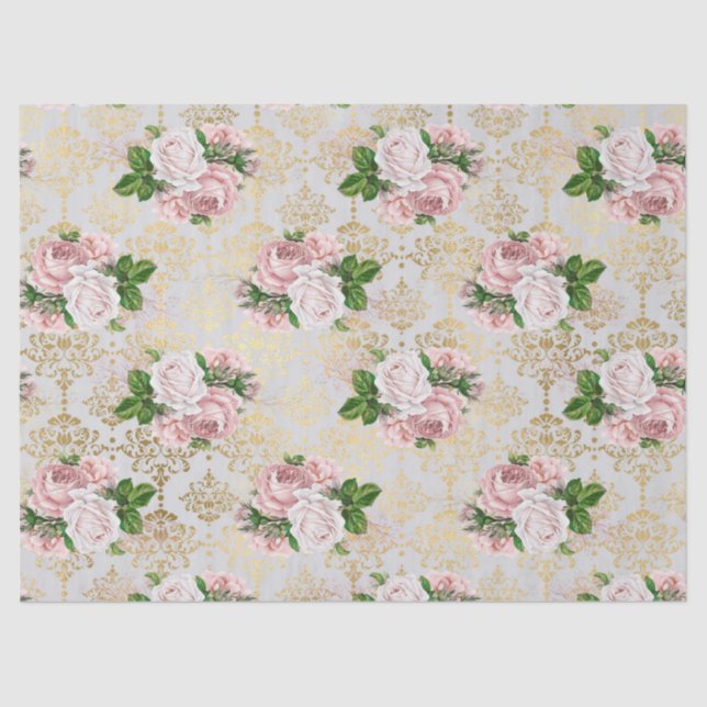 Gold Damask and Pink Roses Decoupage Tissue Paper (Front)