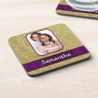 Gold damask and purple ribbon coaster