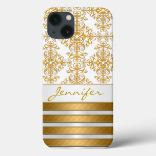 Gold Damask and Stripes Personalised iPhone 13 Case