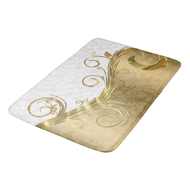 Gold Damask And Swirl And White Damask Bath Mat (Angled)