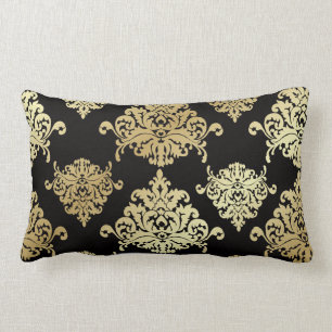 gold,damask,antique,vintage,pattern,elegant,black, lumbar cushion