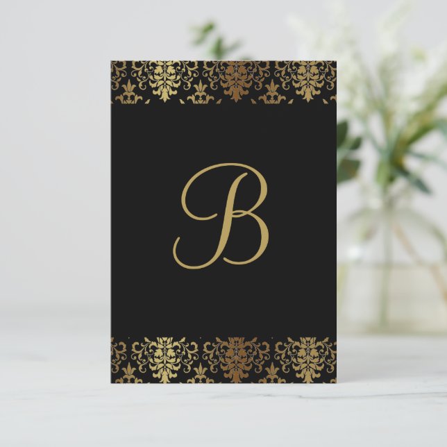 Gold Damask Black Monogram Elegant Chic Thank You Card (Standing Front)