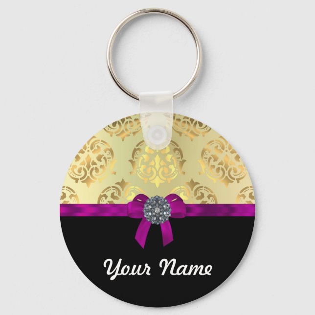 Gold damask & black personalised key ring (Front)