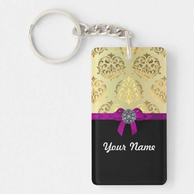 Gold damask & black personalised key ring (Front)