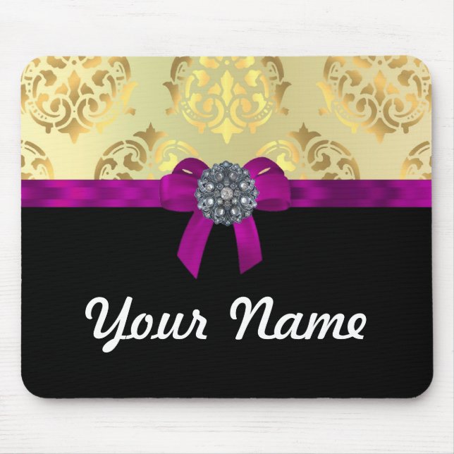 Gold damask & black personalised mouse mat (Front)