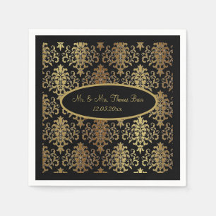 Gold Damask Black Script Wedding Elegant Napkin