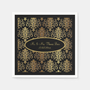 Gold Damask Black Script Wedding Elegant Napkin