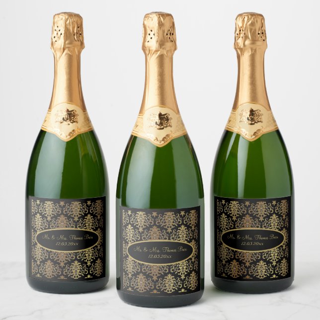Gold Damask Black Script Wedding Elegant Sparkling Wine Label (Bottles)