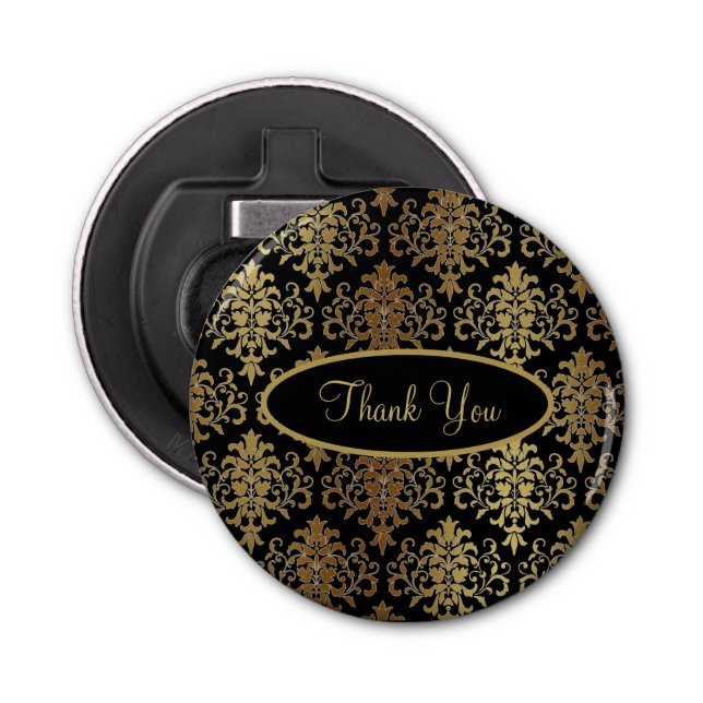 Gold Damask Black Script Wedding Elegant Thank You Bottle Opener (Front)