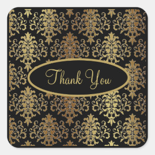 Gold Damask Black Script Wedding Elegant Thank You Square Sticker